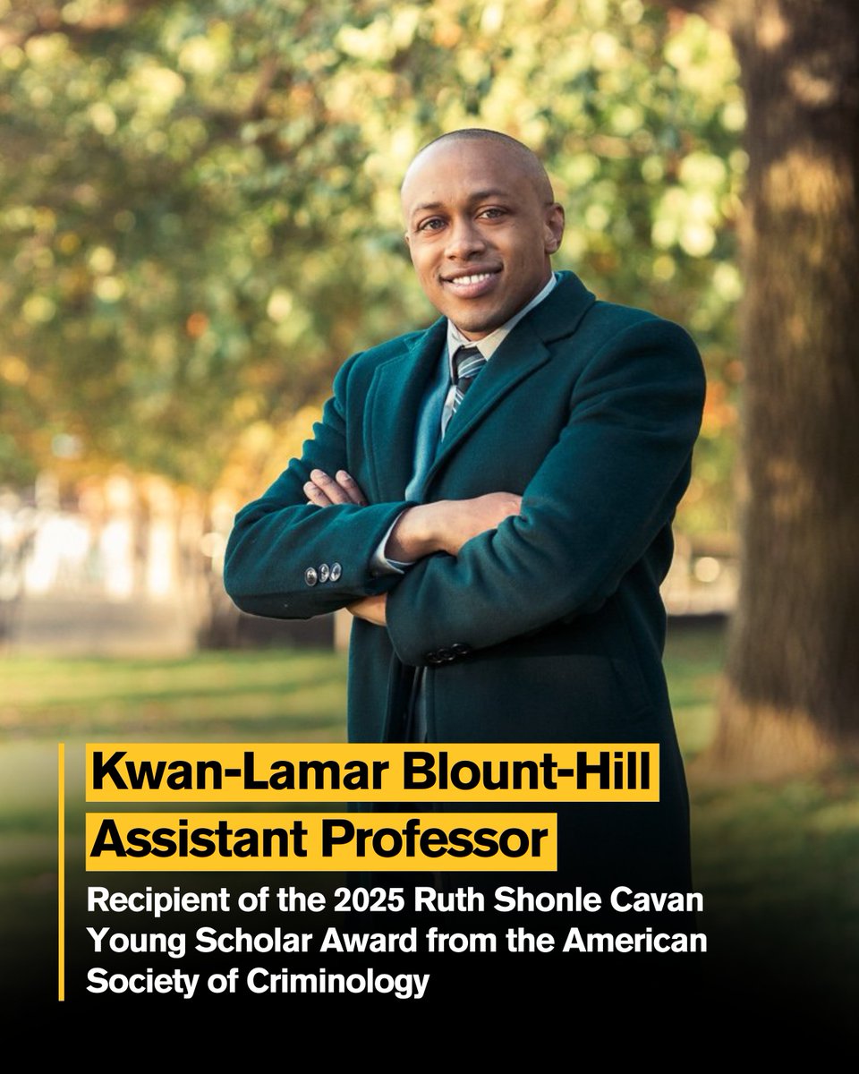 ASUCrimJustice's tweet image. Join us in congratulating Kwan-Lamar Blount-Hill on receiving the 2025 Ruth Shonle Cavan Young Scholar Award from the American Society of Criminology! 🏆 The ASC honored Dr. Blount-Hill for his outstanding scholarly contributions to the field of criminology. #CommunityForGood