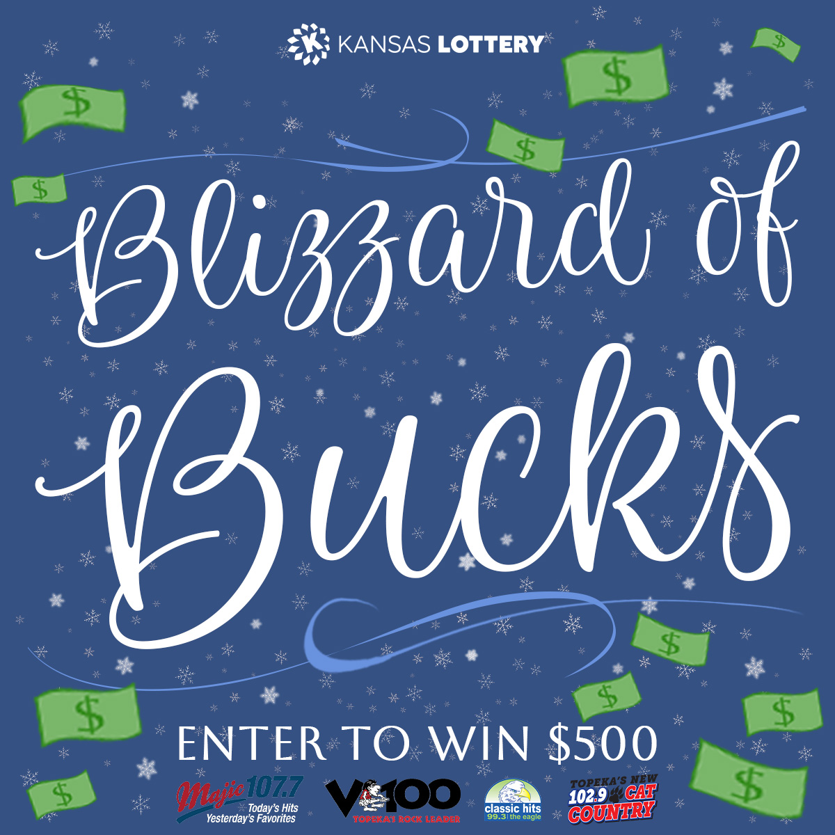 Tomorrow between 9a &amp; 3p, listen for the Blizzard Sounder on-air, be Caller 7 and win $30 in Kansas Lottery Winter Cash tickets - and qualify for anther $200 in lotto tickets PLUS $500 from Majic