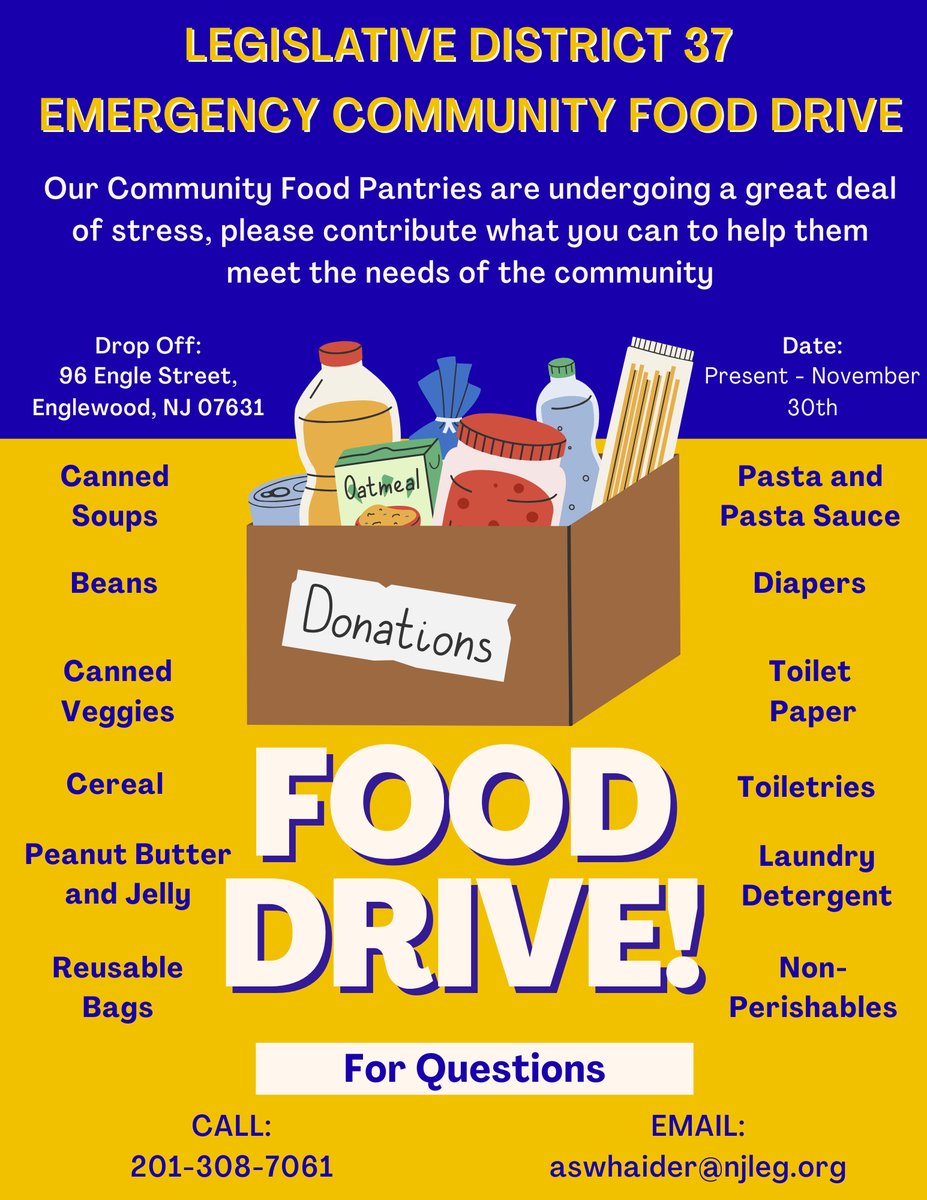 NJLD37's tweet image. We’re hosting an emergency food drive to help our local food pantries meet the increased demands due to SNAP disruptions. Donations can be brought directly to our office at 96 Engle Street in Englewood. For questions, call 201-308-7061 or email aswhaider@njleg.org!