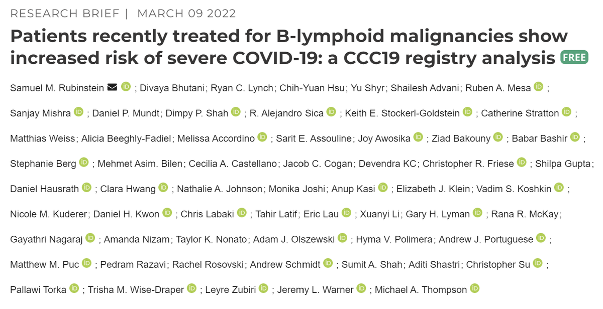 mtmdphd's tweet photo. Patients recently treated for B-lymphoid malignancies show increased risk of severe COVID-19: a #CCC19 registry analysis [Mar 9, 2022] @rubinstein_md et al. @mtmdphd @COVID19nCCC @BCD_AACR https://t.co/IMEbvgZI4Q #COVID19nCancer #COVID19 #bmtsm #leusm #lymsm #mmsm #mpnsm https://t.co/vMgDxsvaAf