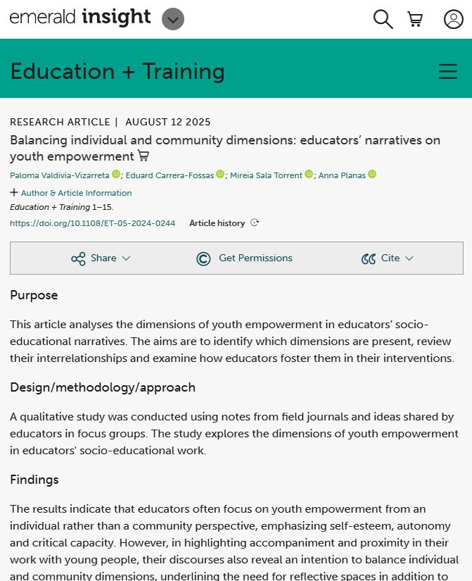 Publicado nuestro artículo sobre los resultados I+D+I <a href="/ProyectoHebe/">Proyecto HEBE</a> ¿Cómo equilibrar el empoderamiento juvenil entre lo individual y lo comunitario? <a href="/EmeraldGlobal/">Emerald Publishing</a> 
doi.org/10.1108/ET-05-…