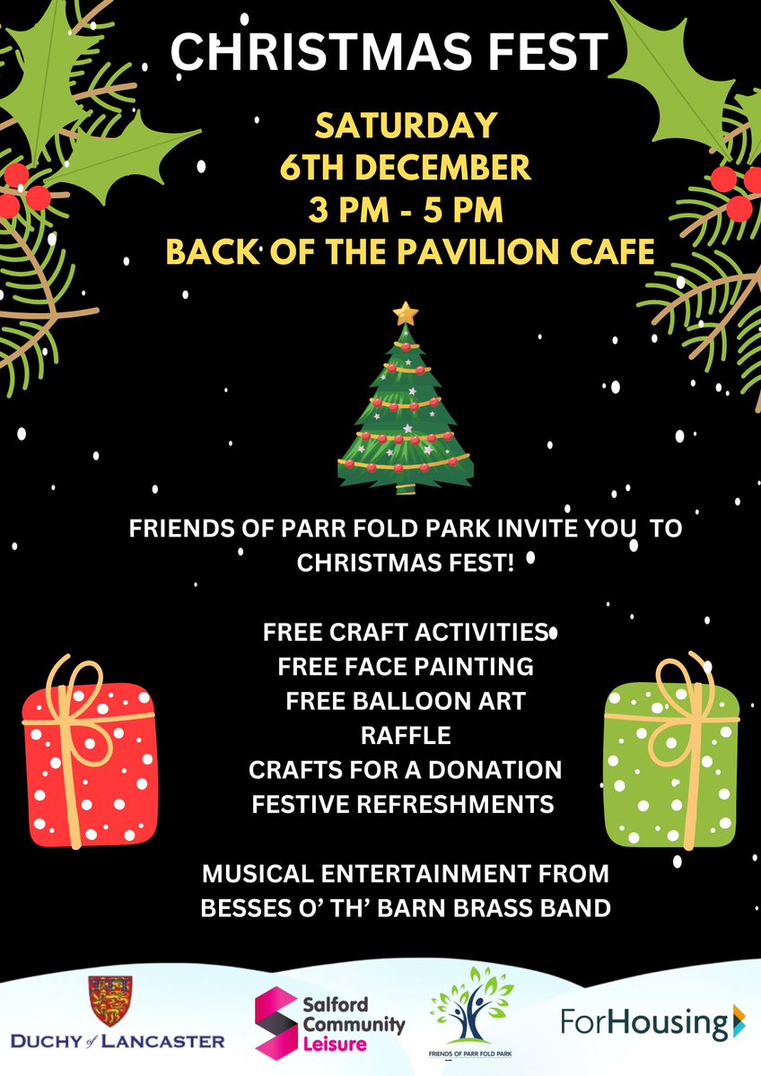Christmas Fest with the Friends of Parr Fold Park!🥳

📆Date: Saturday 5th December
⏰Time: 3PM - 5PM
📍Location: The Green at the back of the The Pavilion at Parr Fold Park
#parrfoldpark #walkden #m28 #christmas #community #christmasevent #brassband #festive #salford #manchester