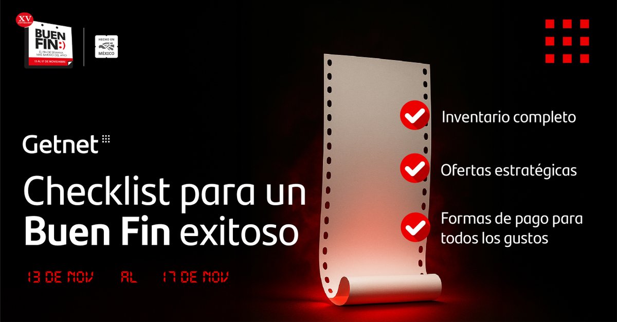 El Buen Fin está cerca y queremos asegurarnos de que tienes todo lo necesario para aumentar tus ventas. ✅ Recuerda que la planificación es clave para un negocio exitoso.

#Getnet #GoGetIt!