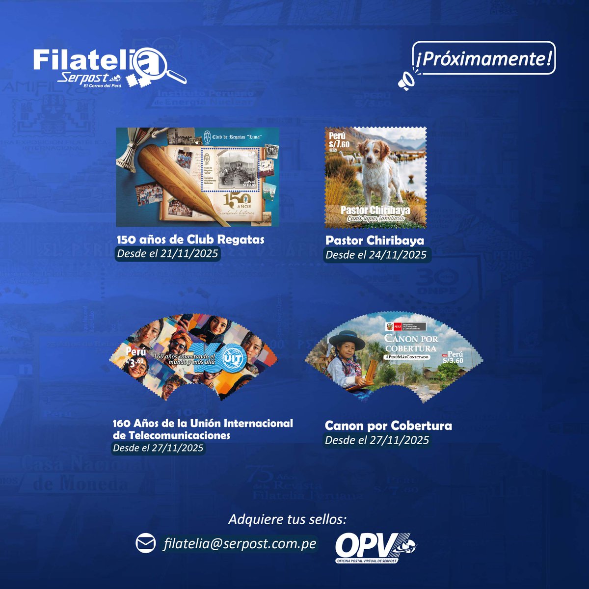 📢 ¡Noviembre llega con nuevas joyas filatélicas! ✉️✨
Serpost presenta sus emisiones postales 2025, una colección que celebra la historia, cultura y orgullo del Perú 🇵🇪

Cada sello, ya lanzado o próximo a emitirse, es una pieza de arte que preserva nuestra identidad y conecta