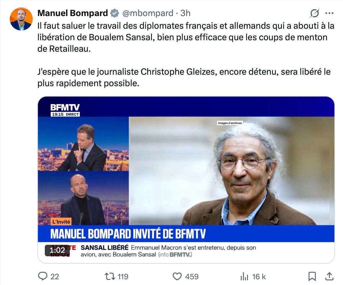 BastionMediaFR's tweet image. 🔴🇫🇷 𝗔𝗟𝗘𝗥𝗧𝗘 𝗜𝗡𝗙𝗢 — Le député LFI Manuel Bompard se RÉJOUIT ce soir de la libération de Boualem Sansal.

Pourtant, en mai dernier, il avait voté CONTRE la proposition appelant à la LIBÉRATION immédiate et inconditionnelle de l’écrivain.