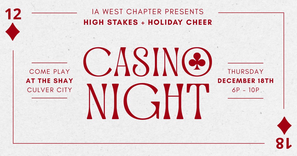 Blackjack, roulette, and a little holiday luck. ♣️♥️

Join IA West for High Stakes &amp; Holiday Cheer: Casino Night on Dec 18 at The Shay.

Prizes, music, dinner, open bar &amp; good company.

🎟️ eventbrite.com/e/high-stakes-…

#IAWest #FaceToFaceMRX