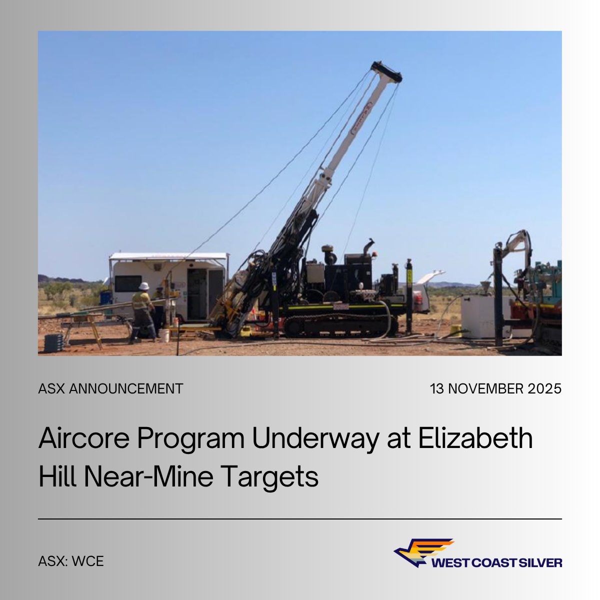 $WCE – Aircore drilling starts at Elizabeth Hill.
- 2,500m program tests for silver system extensions; assays from Phase 2 diamond drilling pending.
- Historical high-grade hits underpin targets.

Resource growth pathway continues. 

go.relait.co/vu4nhknd #Silver 

#ASXWCE