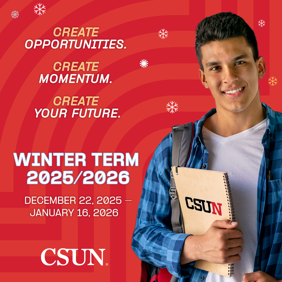 csun_tseng's tweet image. Take a CSUN Winter Term course and keep your degree progress moving!

Courses run December 22 to January 16 and are 100% online.

Earn transferable credit, lighten your spring load, and stay on track to graduate.

Learn more: go.csun.edu/winter

#CSUN #WinterTerm