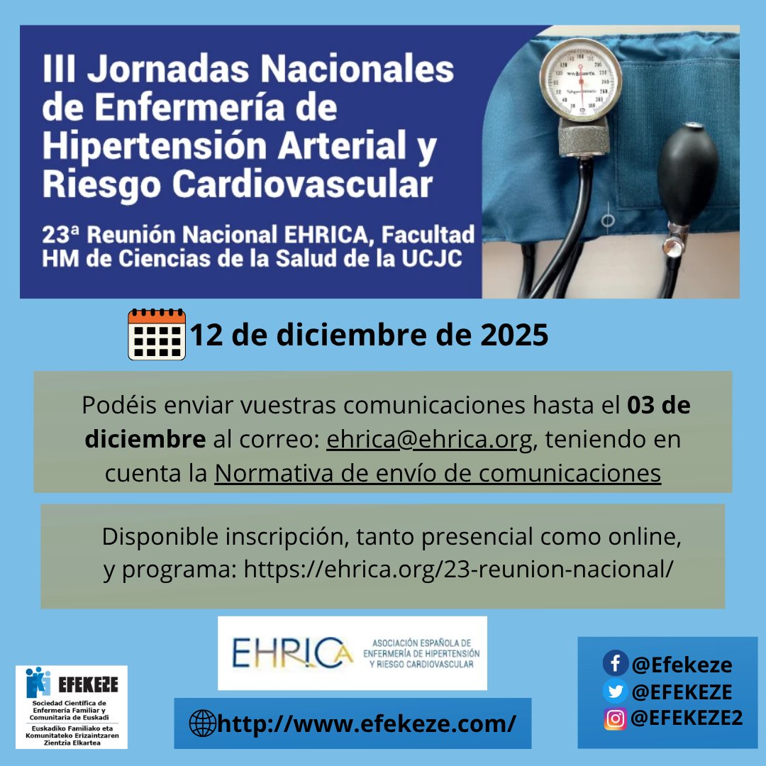 ❤Jornadas Nacionales de Enfermería de Hipertensión Arterial y Riesgo Cardiovascular.
📅12 de diciembre de 9:00 a 14:30
🗣Salón de actos-Hospital Universitario HM Sanchinarro de Madrid 
💻también ONLINE.
🔗👉ehrica.org/23-reunion-nac…