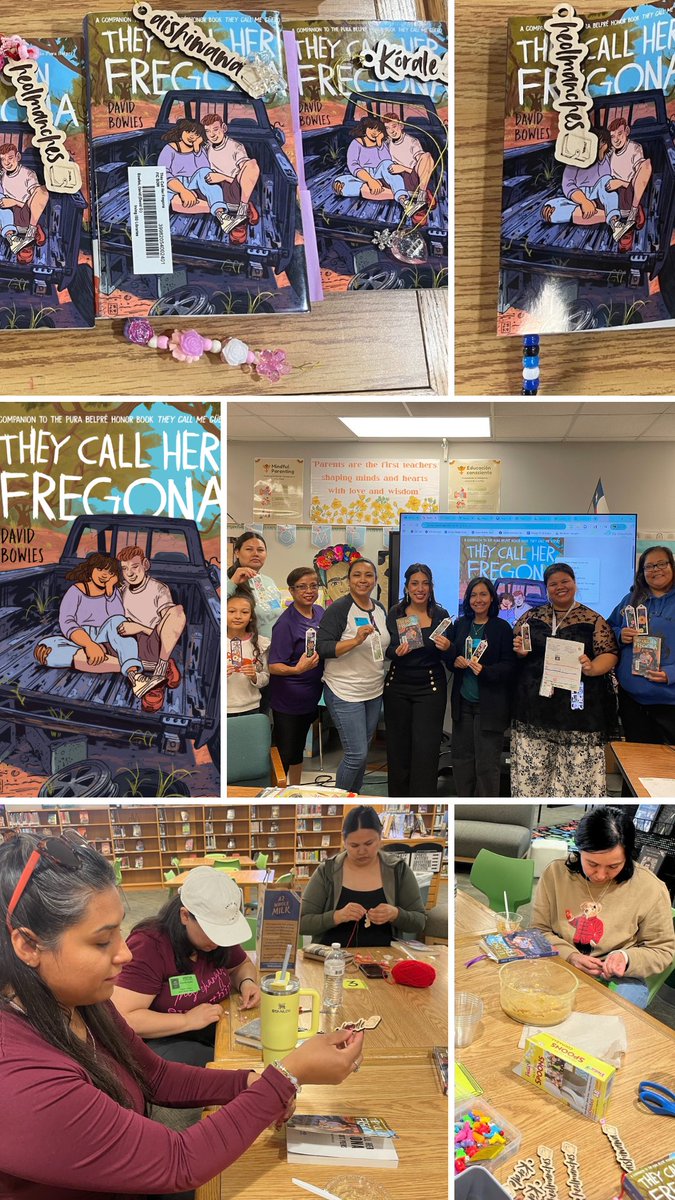 bowiemslibrary's tweet image. Ms. Orozco and I hosted book club for our parent members today! We talked about the our 1st section, through pg 63 Hanmegsiko Slang! So we made some Hanmegsiko Book Charms today! Great discussion of &quot;They Call her Fregona&quot; by David Bowles #KORALE view full image for the charms :)