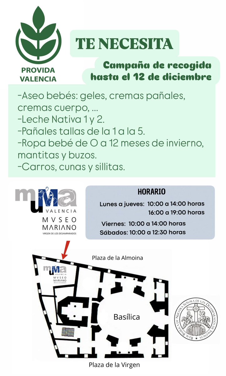 🍼👶 Campaña de recogida @providavalencia TE NECESITA Leche nativa,  pañales, ropa de bebé, cunas, sillitas, cremas, carros, … 📍Punto de  recogida: MuMa, Museo Mariano de la Virgen de los Desamparados 👉 hasta, image size:721x1200