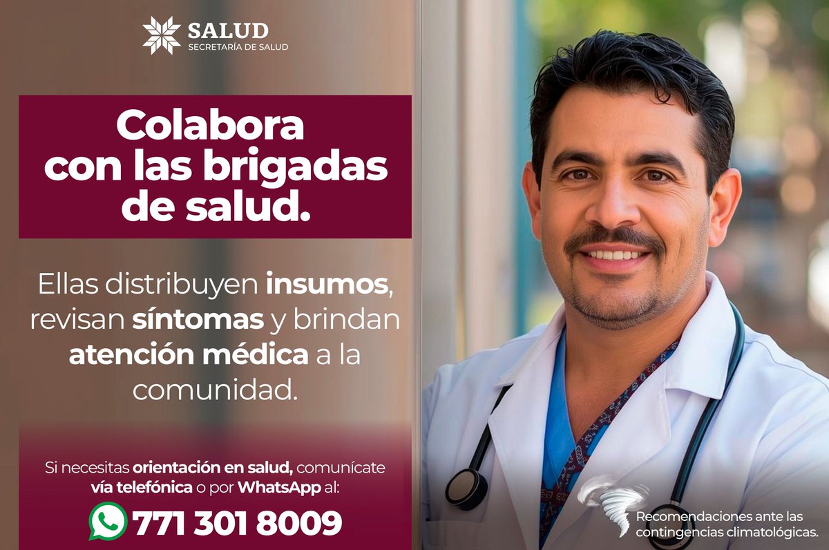 Salud_Hidalgo's tweet image. 👩‍⚕️ Las brigadas de salud trabajan para cuidar a tu comunidad 🏘️
Apóyalas y sigue sus indicaciones para mantenerte protegido durante las contingencias.
📞 Si necesitas orientación en salud, comunícate al 771 301 8009.

#PrimeroTuSalud #PrimeroElPueblo