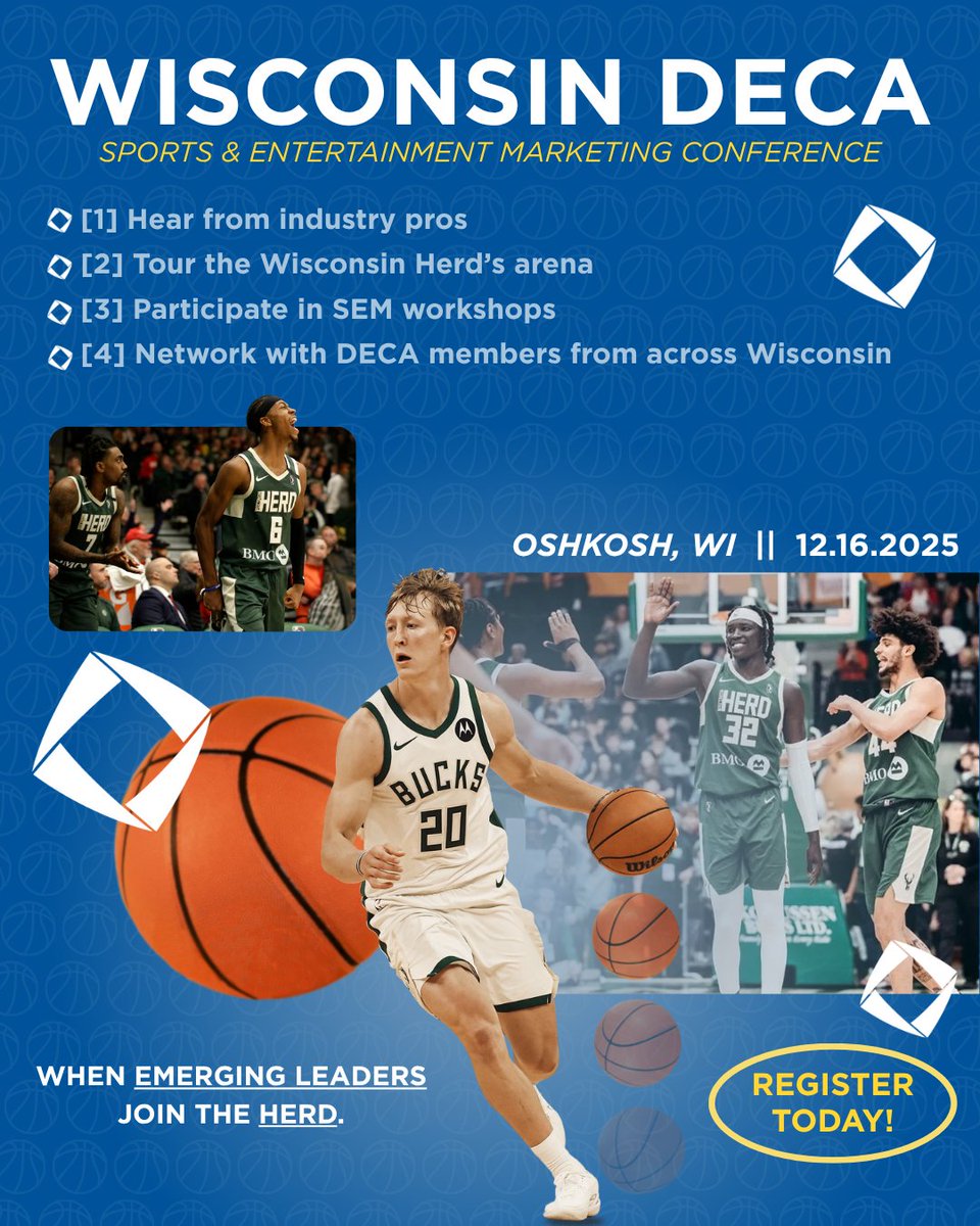 Ready to take your game to the next level? 🔷🏀  Don’t miss the 2025 Sports &amp; Entertainment Marketing Conference (SEM)! Where business meets basketball! 🏀💼 Talk to your DECA advisor today to sign up! 🏀🎯
#WIDECA #SEM2025 #GoTheExtra