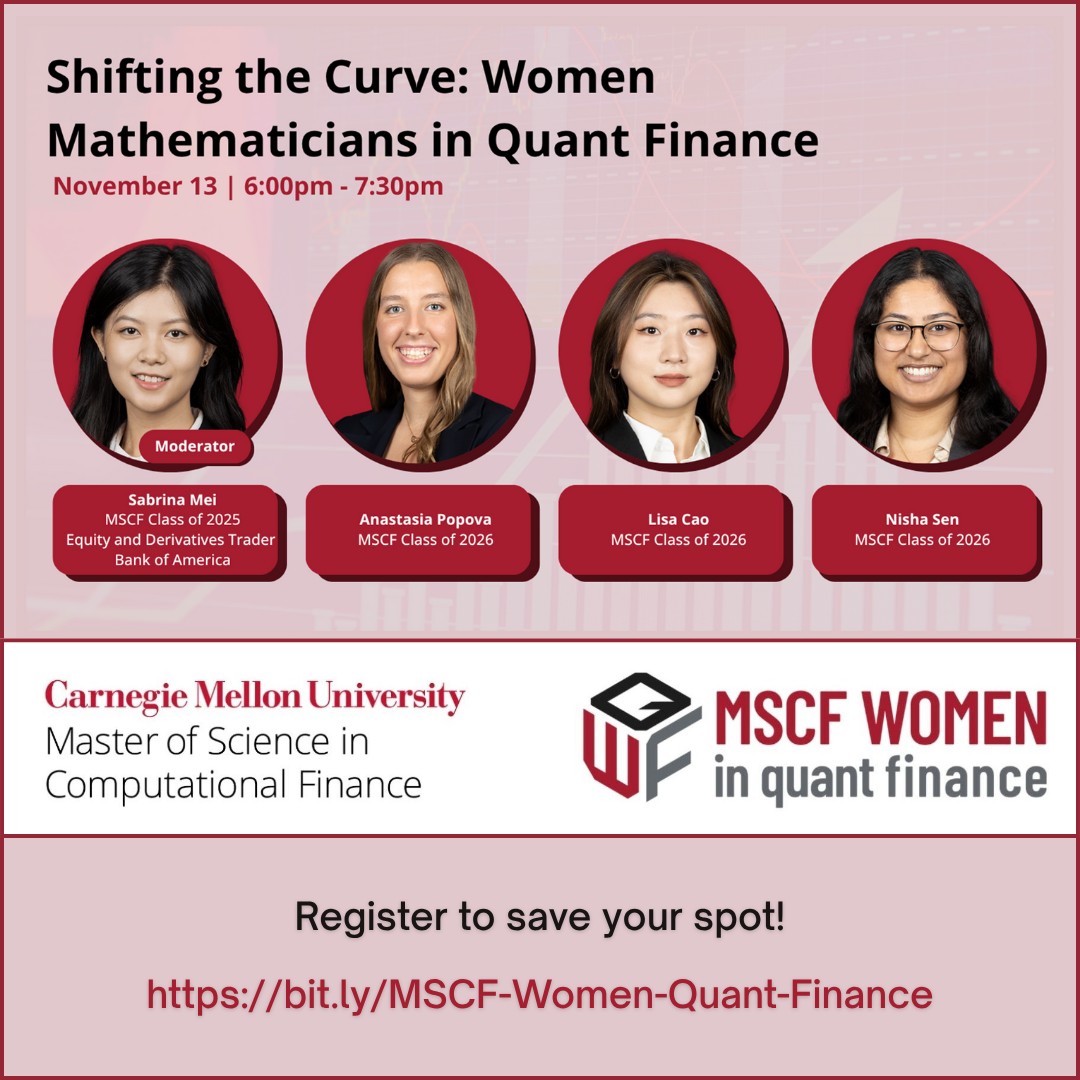 AWMmath's tweet image. 📣 Happening TOMORROW! Undergraduates, register for this webinar by the @CarnegieMellon MS in Computational Finance program to learn more about an exciting career in Quant Finance.

📅 November 13 | 6 PM - 7:30 PM EST
🔗 Register - bit.ly/MSCF-Women-Qua…

#CMU #AWM #MSCF #Quants