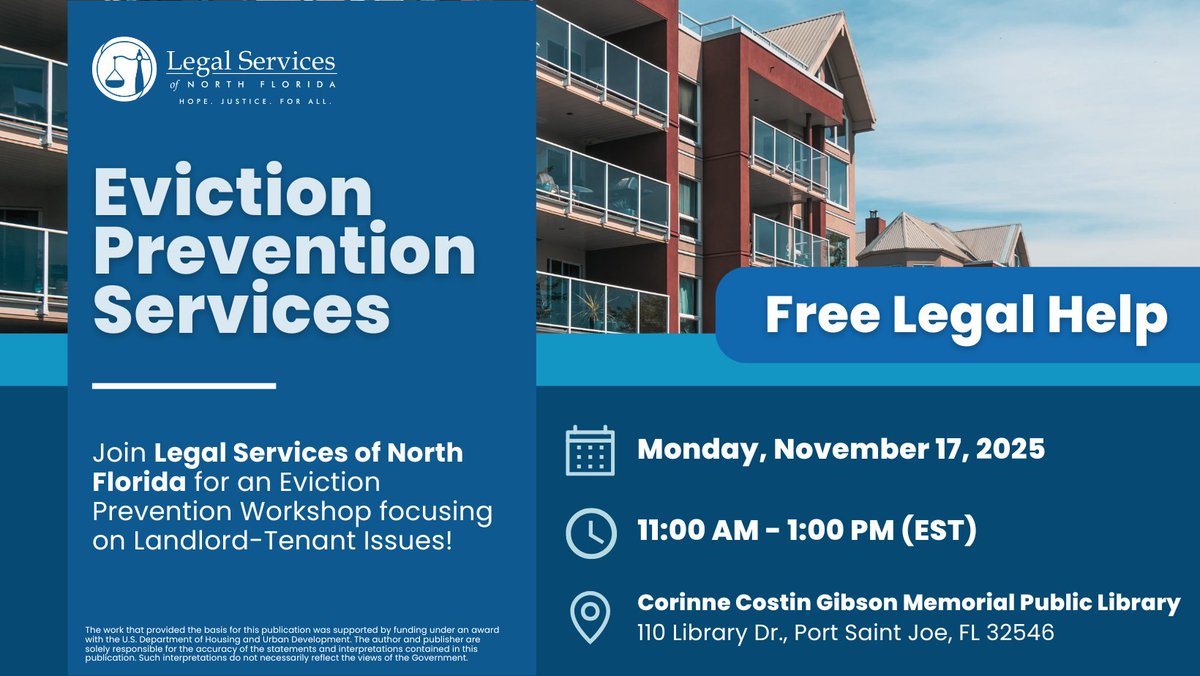 Facing housing challenges or worried about eviction? 🏠
Join Legal Services of North Florida in Port Saint Joe for free Eviction Prevention Services focused on landlord-tenant issues.
Learn about your rights, get helpful information, and connect with free legal support!