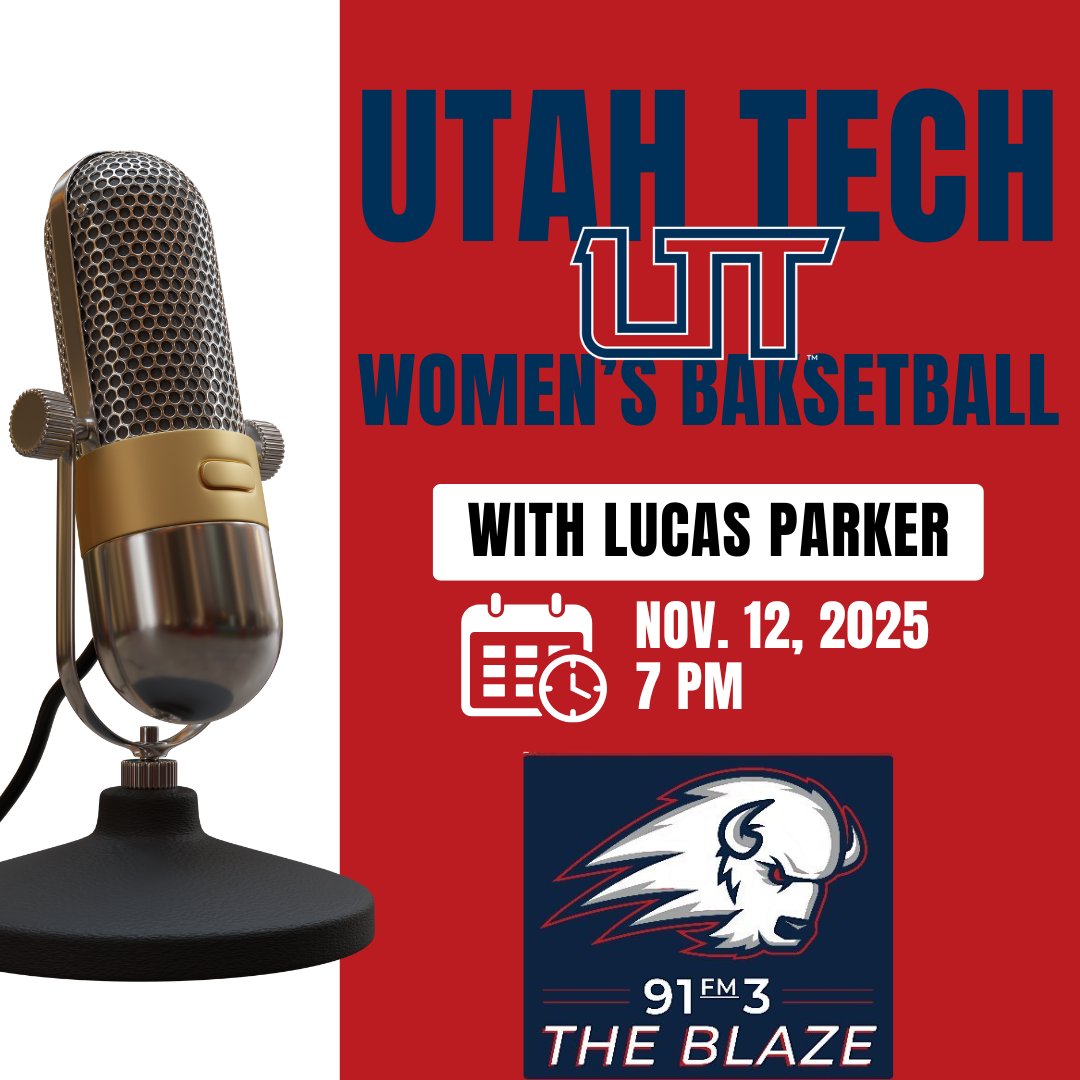 Can't make it to the Burns Arena? Listen to @utahtech_wbb tonight at 7 pm on 91.3 The Blaze with Lucas Parker on the call  📻 #UtahTechBlazers #utahtech #trailblazers #soutahgameday #ncaa #wacsports #wbb #cbb #basketball #sportsradio