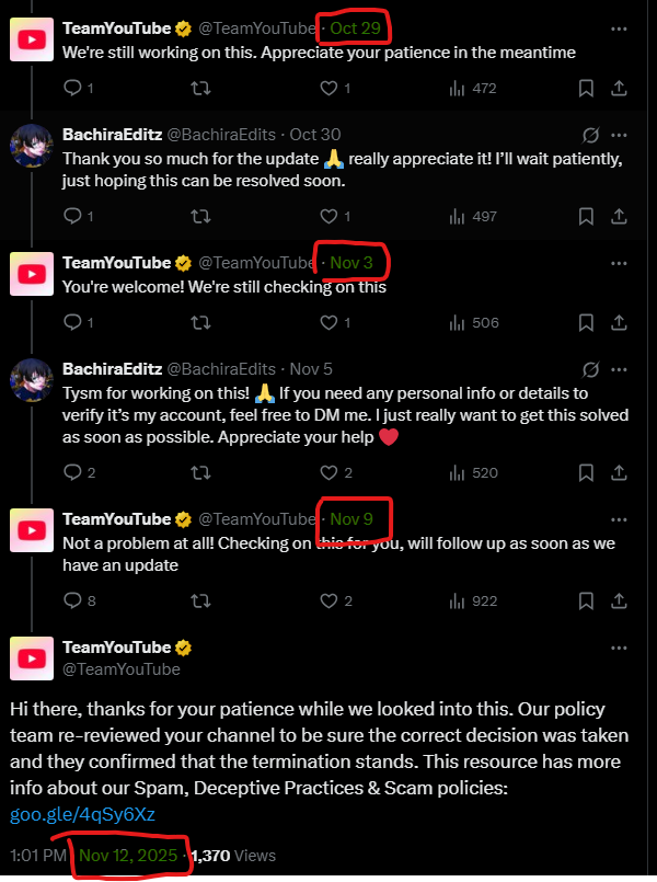 Ozaryk's tweet photo. @TeamYouTube Two major problems with your statement Youtube. 1) They said "Circumvention Policy" and you said it was for "Spam, Deceptive Practices and Scam Policies". Weird. 2) Oct 29th, you say "We're still working on this", but that was the first time you would have been... https://t.co/7FlxRJZ66k