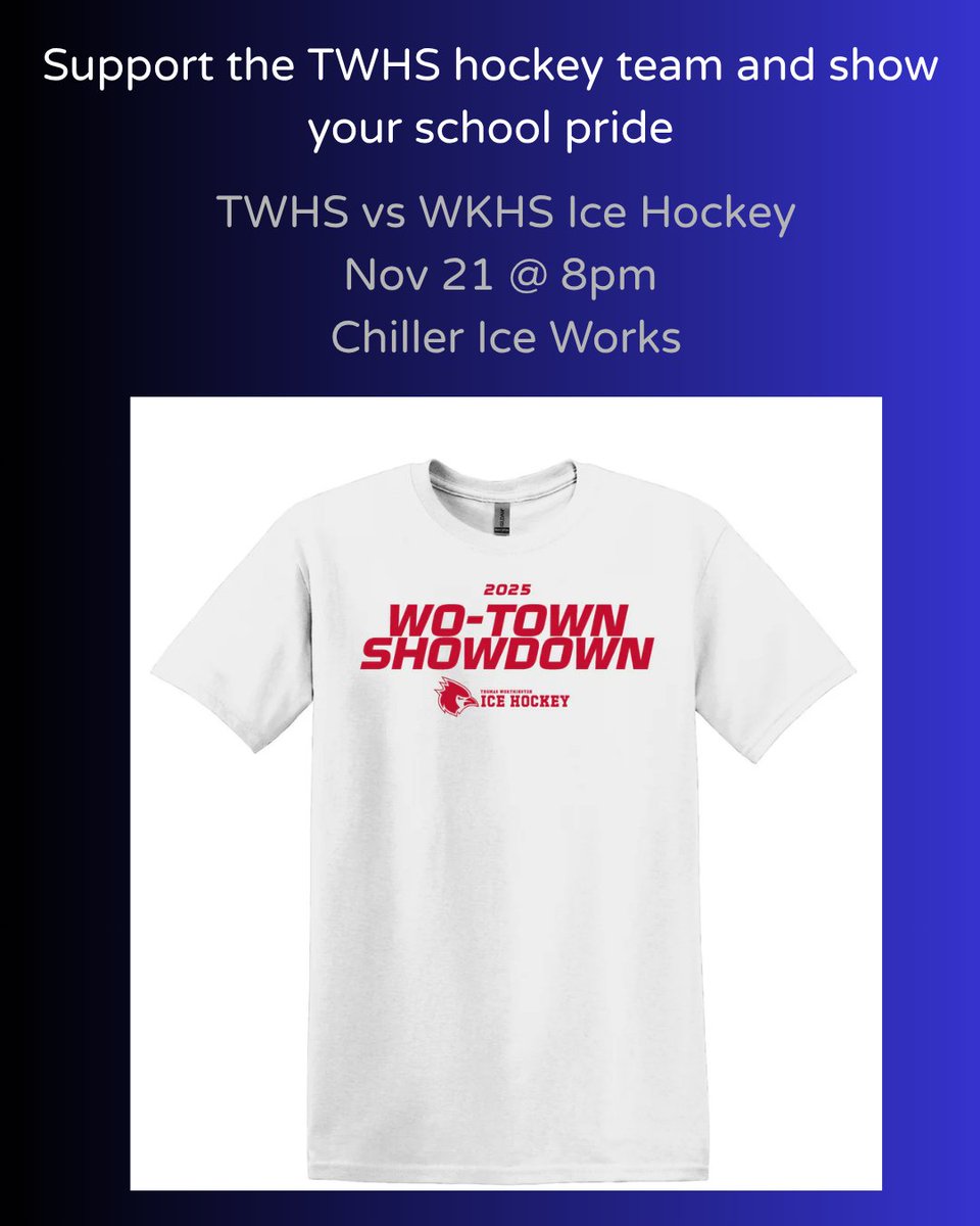 TWHSHOCKEY's tweet photo. 🏒🔥 The rivalry’s back on the ice! 🔥🏒
Thomas Worthington vs. Worthington Kilbourne 
Wo-Town Showdown, Nov. 21 @ 8pm 
Ice Works

Get your Wo-Town Showdown Hockey T-Shirt and show your school pride.
🗓️ Order by Nov. 15
📍Pick up at the game
👉 Order Now: https://t.co/f60dv1gTOe https://t.co/LcRFa0APp0