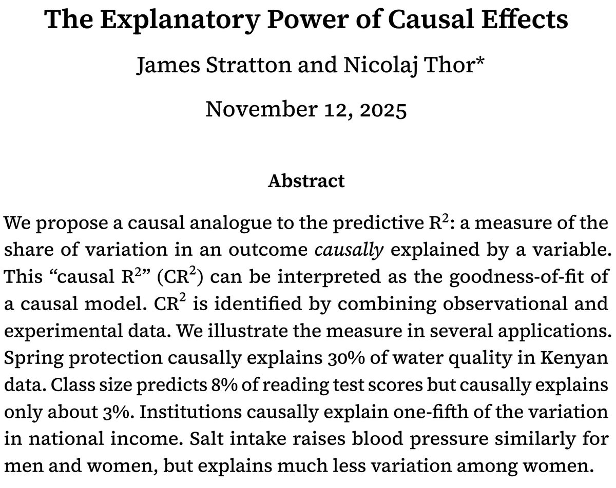 <a href="/jamespstratton/">James Stratton</a> and I put out a working paper a few days ago on exactly this question! We propose a way to answer it using a simple causal analogue of the R² ("Causal R²").🧵(1/12). Paper: drive.google.com/file/d/1FWNLf7…