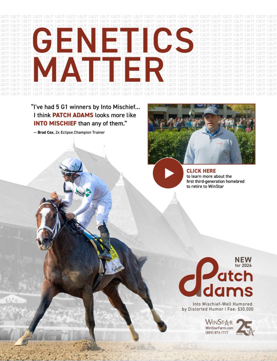 Genetics Matter 🧬 

2x GI winner PATCH ADAMS, the first third-generation homebred to retire to <a href="/WinStarFarm/">WinStar Farm</a>: m.youtube.com/watch?v=bXp9J7…