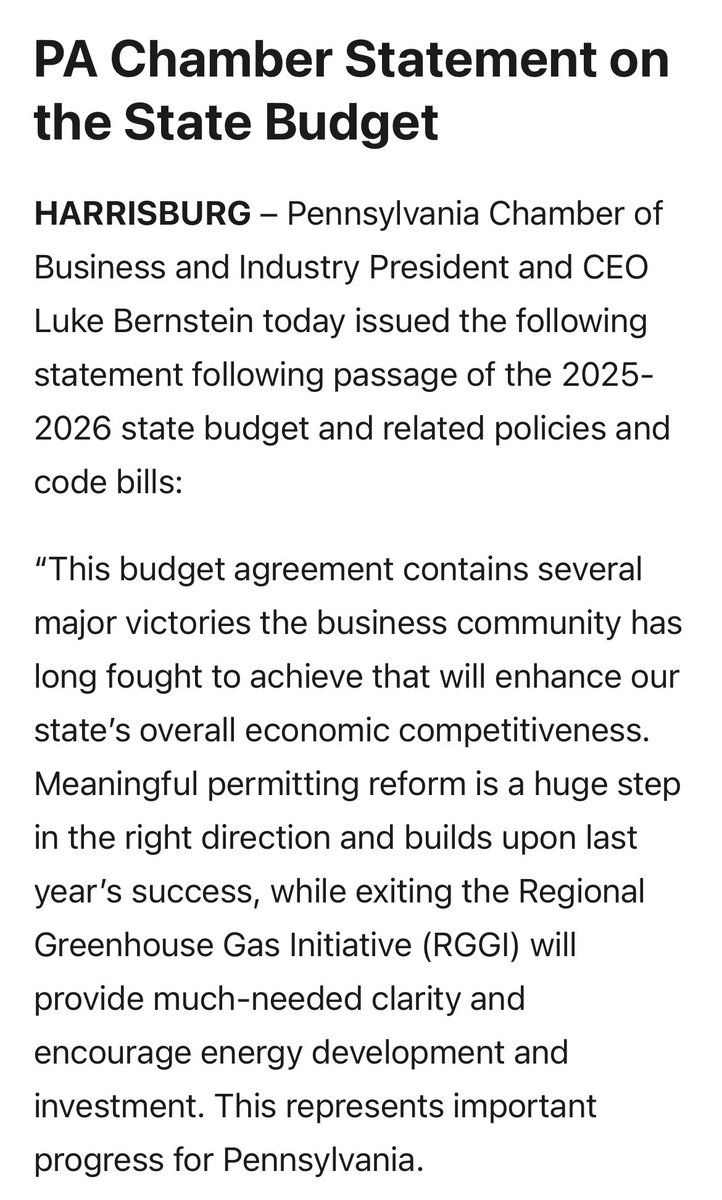 PAChamber's tweet image. Our full statement on the 2025-26 state budget signed this afternoon:

🔗  pachamber.org/media/23845/pa…