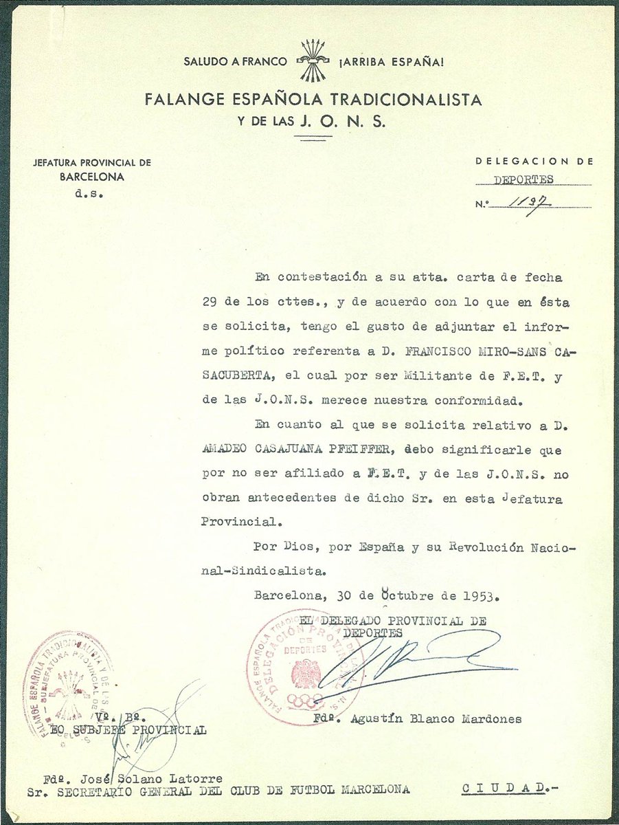 <a href="/elmodelo14/">El Modelo</a> Un tal Francisco MIRO SANS (presidente del Barcelona) fue capitán del ejército nacional durante la guerra civil (FALANGE).
Con el que recalificaron 3 veces Les Corts.

¿Qué es más un cabo o un capitán? 🤡