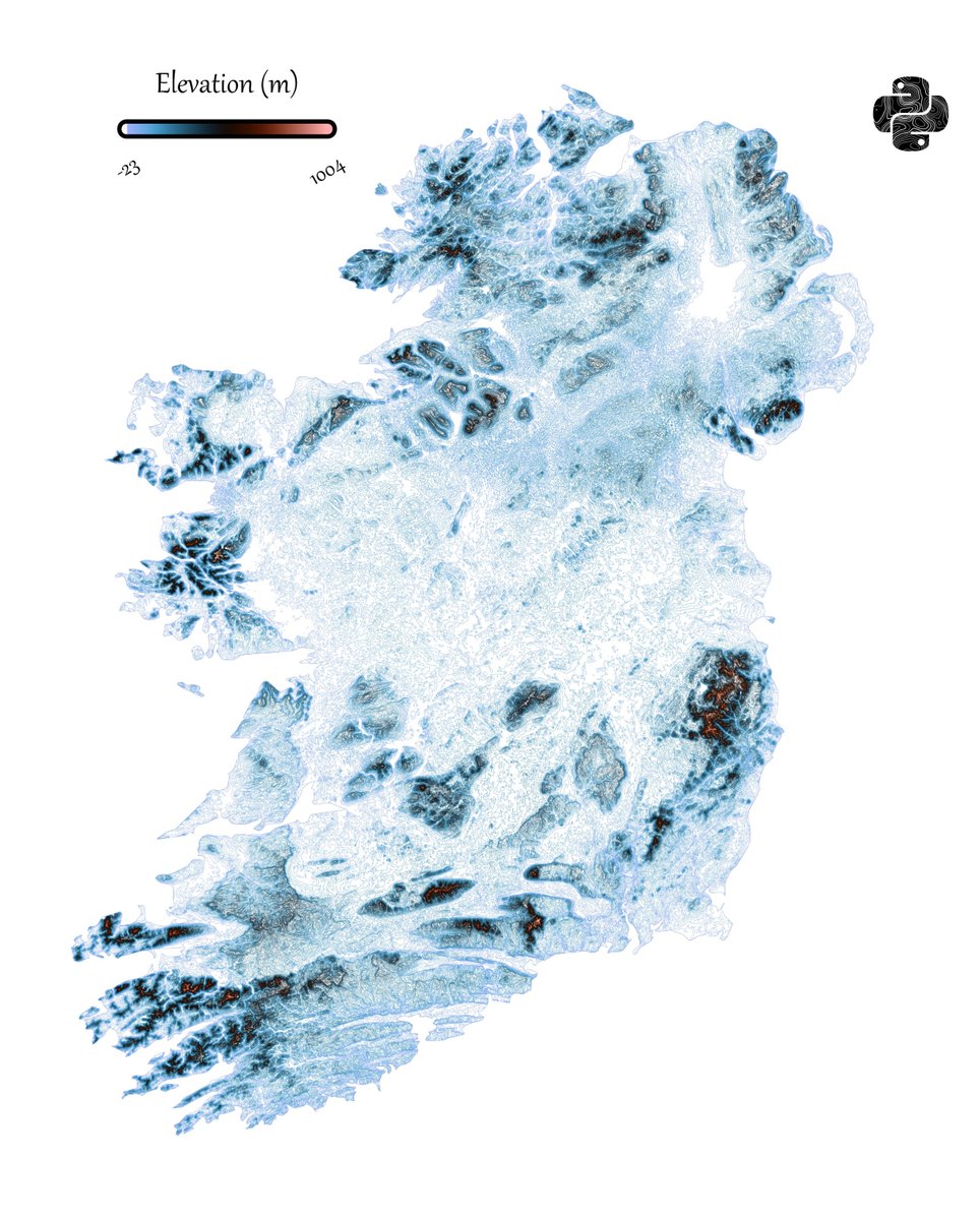 PythonMaps's tweet image. Day 12 of the #30DayMapChallenge - Map from 2125 - I think Northern Ireland and the Republic of Ireland could merge into a new country. So here is a topography map.