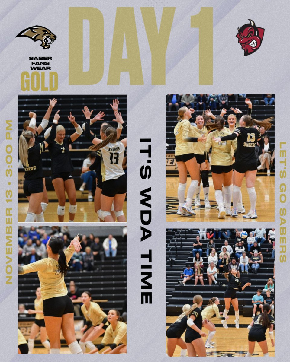 LHSSaberVB's tweet photo. ⚡ WDA Tournament • Day 1!  ⚡
Sabers play Thursday, November 13, 2025 at 3:00 pm against Bismarck High in Mandan — let’s pack the stands and make some noise! 🏐Play hard and have fun, Sabers!

Saber fans wear GOLD!

 #WDA2025 #FueledByGrit https://t.co/wLkmdAc8bC