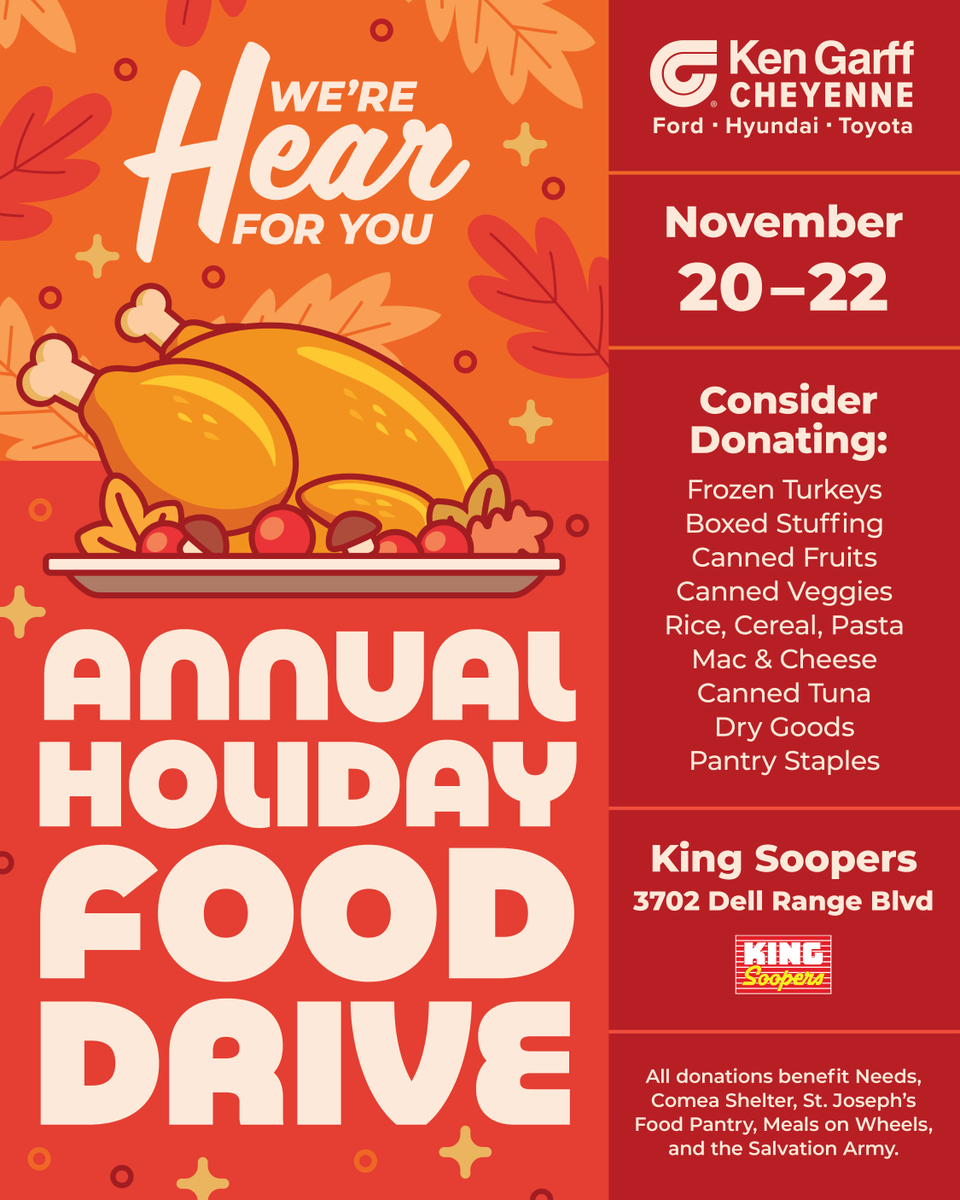KG_Cheyenne's tweet photo. Ken Garff Cheyenne is proudly organizing this year’s Holiday Food Drive to support our local food banks! 🧡

📍King Soopers at 3702 Dell Range Blvd

We will be collecting donations at these times:
Thurs. 11/20: 10 am-7 pm
Fri. 11/21: 10 am-7 pm
Sat. 11/22: 9 am-1 pm

Thank you! https://t.co/CRdHHj1Z2q
