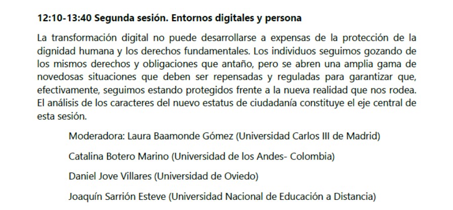 El día 13 el profesor <a href="/DanielJoveV/">Daniel Jove Villares</a> interviene en este Seminario internacional en la segunda sesión -Entornos digitales y persona- con las profesoras Laura Baamonde y  Catalina Botero y el profesor <a href="/joaqsarrion/">Joaquín Sarrión</a>