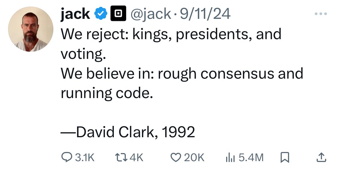 brt2412's tweet photo. What a comical ass reply to me @jack. You say this while having a pinned tweet talking about how you reject the powers that be, and believe in “rough consensus and running code”. So which one is it man? Are you compliant to the system’s rules and regulations or are you a cypherpunk who cares about self sovereignty? 

Bitcoin’s lack of scalability incentivizes middlemen and L2 “solutions” such as the one that you are profiting off of with @Square and @CashApp. This is a fact. 

If you truly cared about cypherpunk values and rough consensus you would be building a payment system with the only internet speed proof of work protocol that exists today called Kaspa. 

10 blocks every second on the L1 secured by proof of work. But you aren’t because Kaspa’s speed and scalability perfected after over a decade offers no incentives for middlemen like yourself to build parasitic layer 2s. It’s just….code. 

You are actively hurting Bitcoin adoption, not bringing it about.