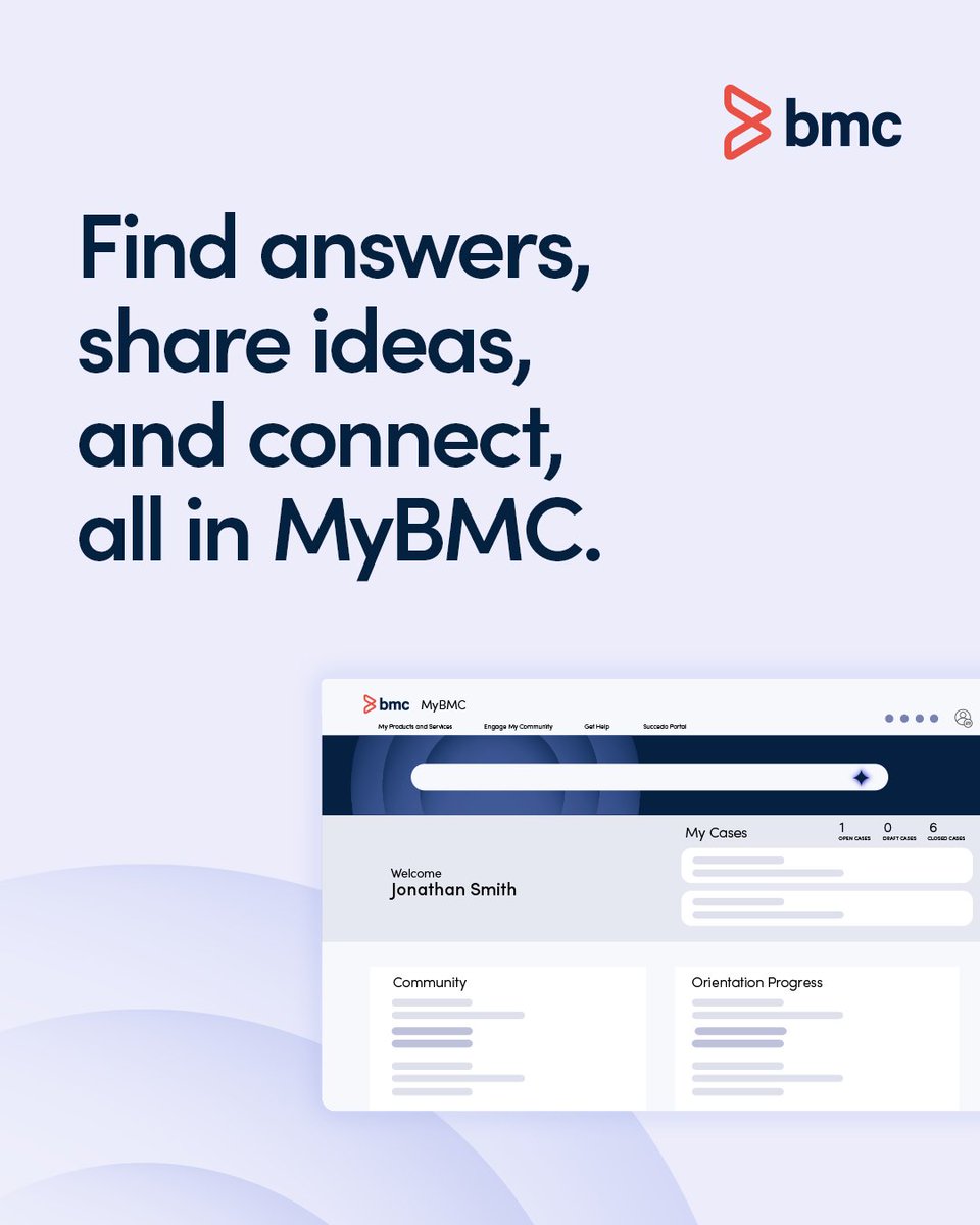 BMCSoftware's tweet image. Meet MyBMC: your new portal to submit &amp;amp; track Support cases and find info for your licensed BMC products. One place. Faster answers. 

Start here: bit.ly/43XjbRQ