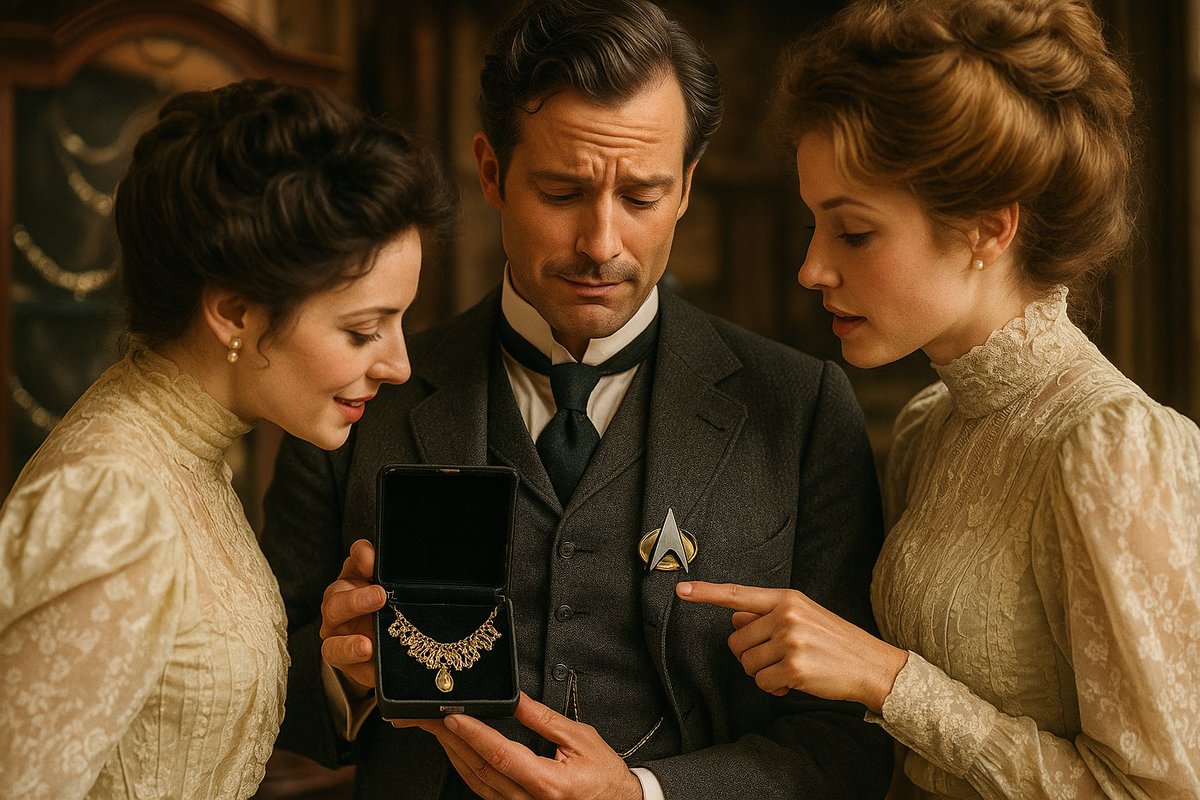 'Stuck in the past'

- Yes, these are all splendid, but I'm rather intrigued by the brouche you're wearing yourself...
- I'm affraid this one is not for sale, madamme... please, don't touch it...
- Pardon me, DID IT JUST CHIRP???

#AIphotography #StarTrek