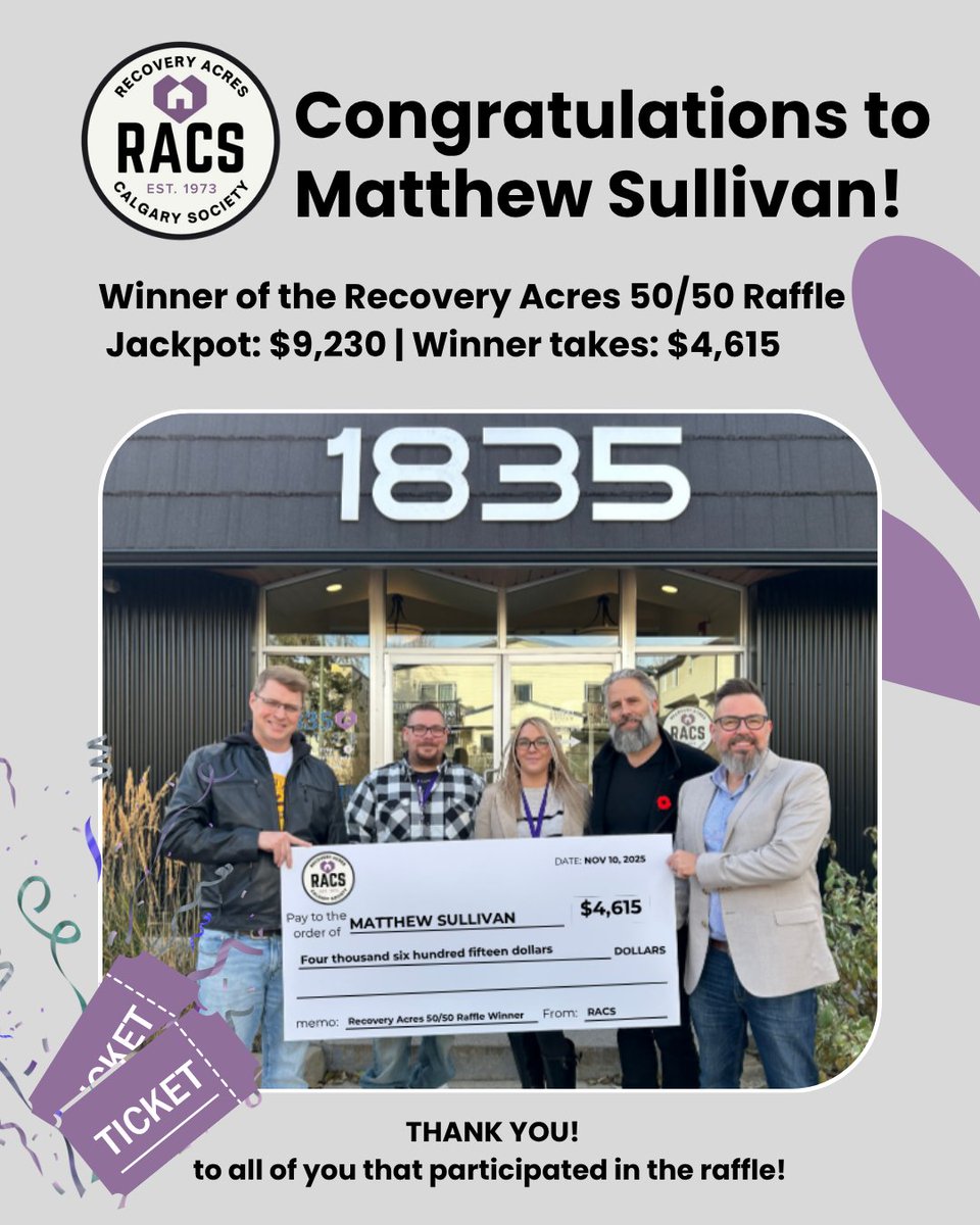 RecoveryAcres's tweet photo. We’re thrilled to announce that Matthew Sullivan is the winner of our Recovery Acres 50/50 Raffle🎉

💰 Total Jackpot: $9,230
🏆 Winner’s Share: $4,615

Thank you to everyone who purchased a ticket. Your generosity helps us continue providing safe housing, treatment, and hope! https://t.co/une2Xmqx63