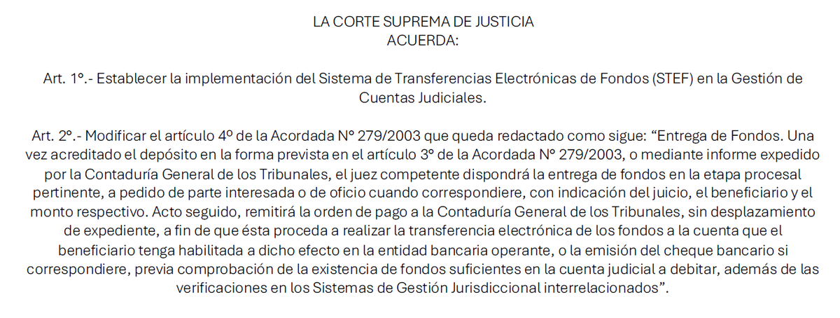 manuelrierad's tweet photo. #SabiasQue la CSJ dictó la Acordada 1413/2020 que resolvió la implementación del Sistema de Transferencias Electrónicas de Fondos (STEF) en la Gestión de Cuentas Judiciales. Ya no es necesario formar filas para cheques judiciales. Es posible una transferencia directa 👌🏽 https://t.co/bd1LCFX3ha