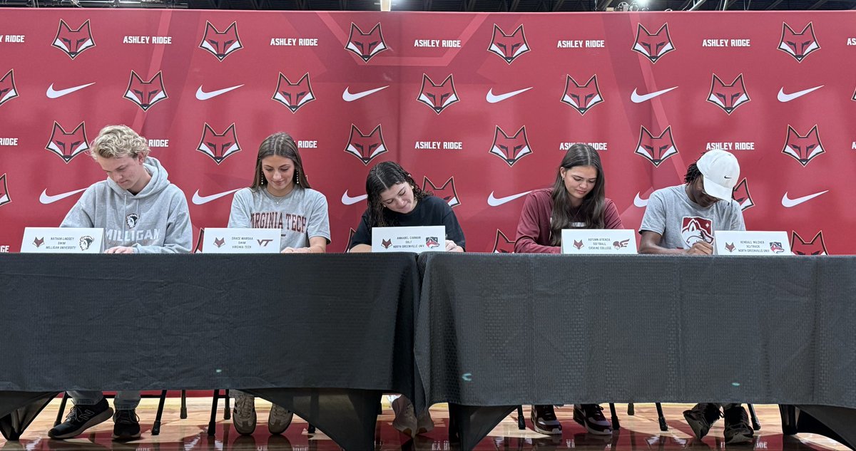 Congrats to our student athletes that signed today! Once a Fox, Always a Fox! #WeOverMeAR <a href="/coachdrake22/">Tyronne Drakeford</a> <a href="/CdaughertyChad/">Chad Daugherty</a> <a href="/arfoxes/">AR Swamp Foxes</a> <a href="/GraceMarsaa/">Grace L. Marsaa</a> <a href="/au_atienza/">Autumn Atienza</a> <a href="/hokiesports/">HokieSports</a> <a href="/MilliganBuffs/">Milligan University Athletics</a> <a href="/summerhuechtker/">Summer Huechtker</a> <a href="/DanNews2Sports/">Dan Fanning</a> <a href="/SEisbergWCIV/">Scott Eisberg</a>