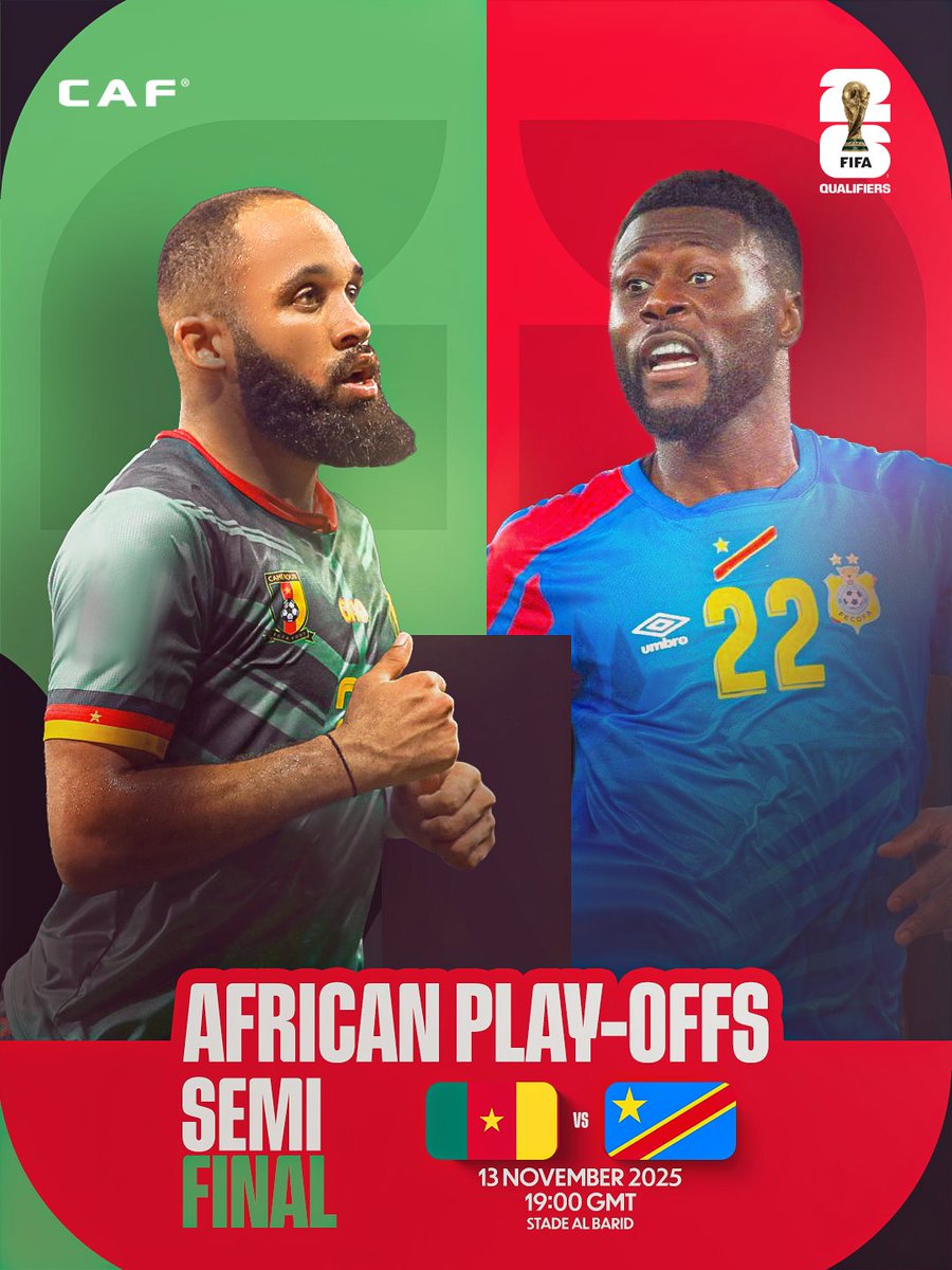 CAF_Online's tweet photo. Cameroon. DR Congo. Tonight! 🇨🇲🇨🇩

The African #WCQ Play-Offs Semi-Finals promise action. https://t.co/3TOUZQrW7r