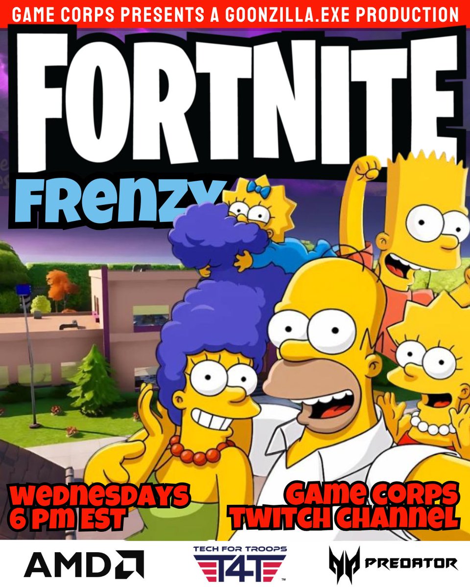 KJandApodcast's tweet image. 🎮 Fortnite Frenzy returns tonight at 6 PM ET!
Goonzilla.exe &amp;amp; the squad are back for quick builds, big moments &amp;amp; total chaos—plus Rocket Racing between drops.
📺 twitch.tv/GameC0rps
#GameCorps #TechForTroops #FortniteFrenzy #GamingWithPurpose
