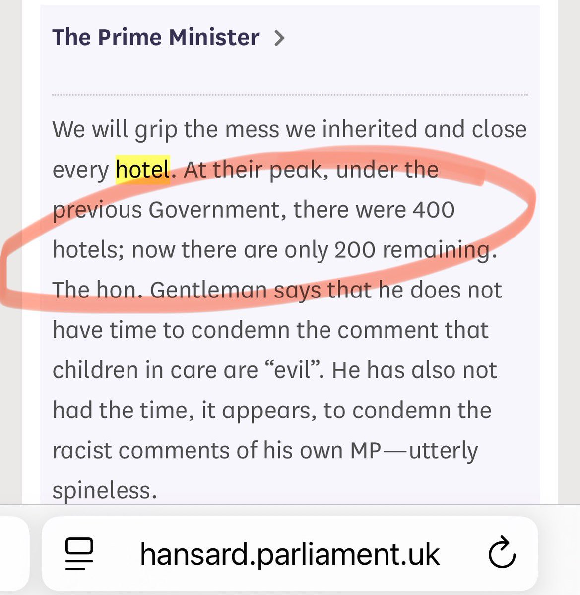 kevinhollinrake's tweet image. “At their peak, under the previous Government, there were 400 hotels; now there are only 200 remaining.” Keir Starmer, PMQs today. 

Independent fact-checkers say the real change under Labour was 213 → 210.

He’s trying to take credit for something he didn’t do. 
Lying. Again.