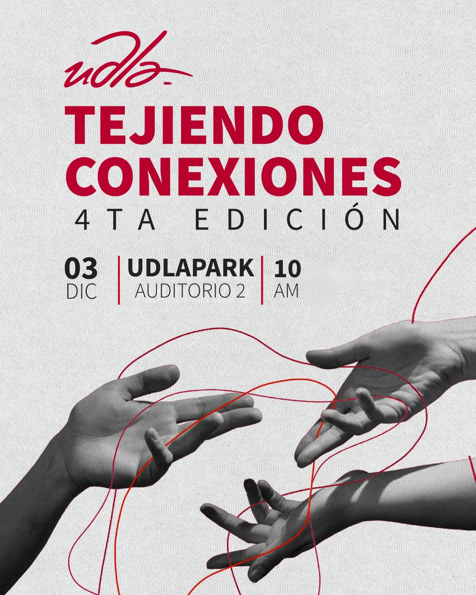 💜 ¡Tejiendo Conexiones llega a su cuarta edición!
Un espacio que celebra el trabajo conjunto entre la universidad y la sociedad.

📅 3 de diciembre · 🕙 10h00
📍 Auditorio 2 – UDLAPark
💻 Presencial

🔗 Regístrate aquí: bit.ly/4ozt7Jx 

#UDLAInvestiga