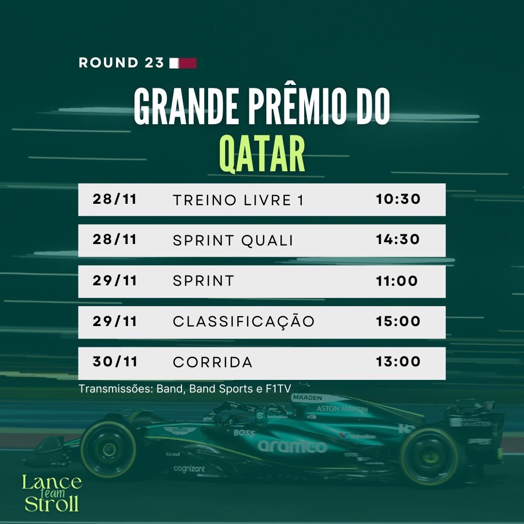 TeamLanceStroll's tweet image. 🏁 | A proxima corrida é no Qatar, com a última corrida sprint do calendário, e esses são os horários do fim de semana. 

*Horário de Brasília.

#QatarGP #F1 #LS18