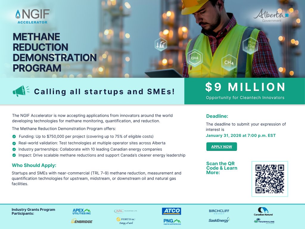 NGIFCapital's tweet image. The wait is over!
📢 NGIF Accelerator announces the launch of the Methane Reduction Demonstration Program!

Do you have a solution to reduce methane emissions? 

The #NGIFAccelerator’s Methane Reduction Demonstration Program is now accepting applications for its cohort 1!

Read…
