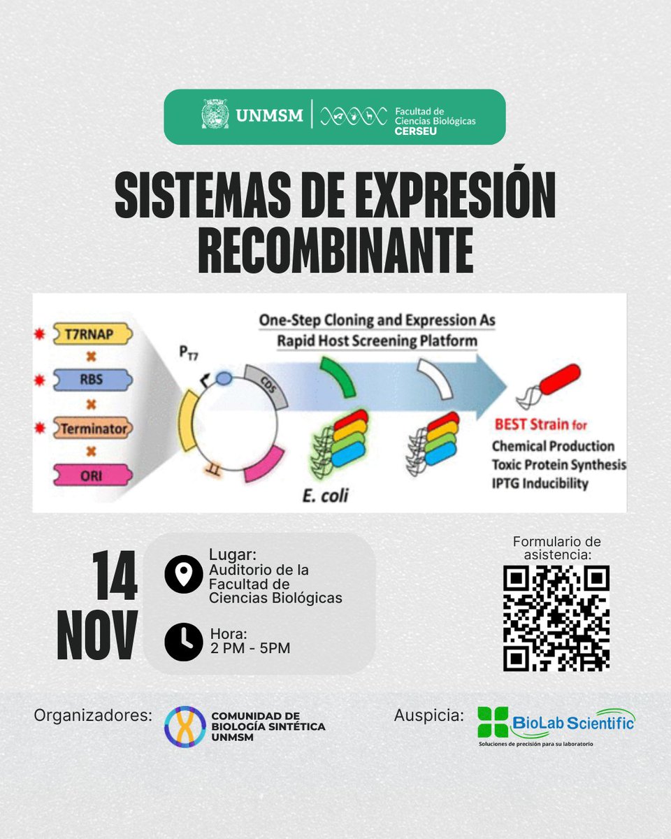 BioUNMSM's tweet image. 🧬 Sesión 5 | Ciclo de Biología Sintética UNMSM
🔹 “Sistemas de expresión recombinante”
📖 Artículo para discusión:
👉 drive.google.com/file/d/1_sXVwA…
🧾 Regístrate aquí para participar:
👉 forms.gle/8qHBoxkVdzfPij…