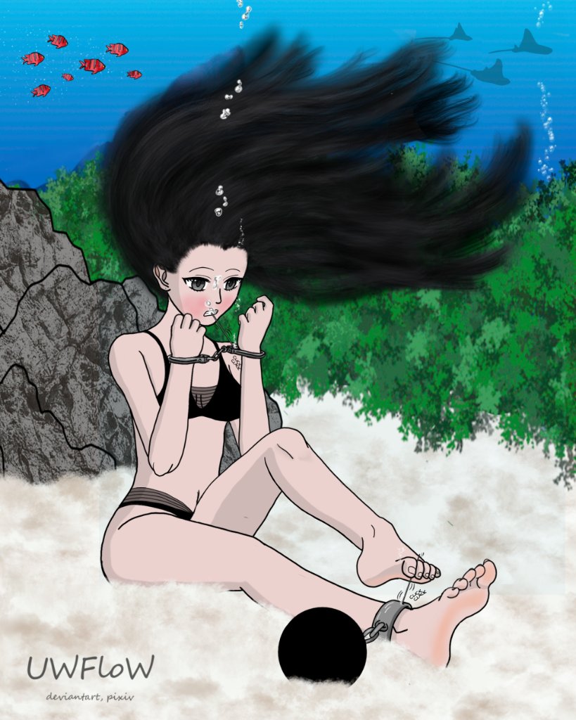 uw_flow's tweet image. It took some time and the BG is simple but MEH! Osaragi has been handcuffed and thrown into the ocean attached to a weight. Her attackers are sure she&apos;ll drown ... but never count an assassin out! Where did she get those pins?!? #Osaragi #SakamotoDays #underwater #Peril