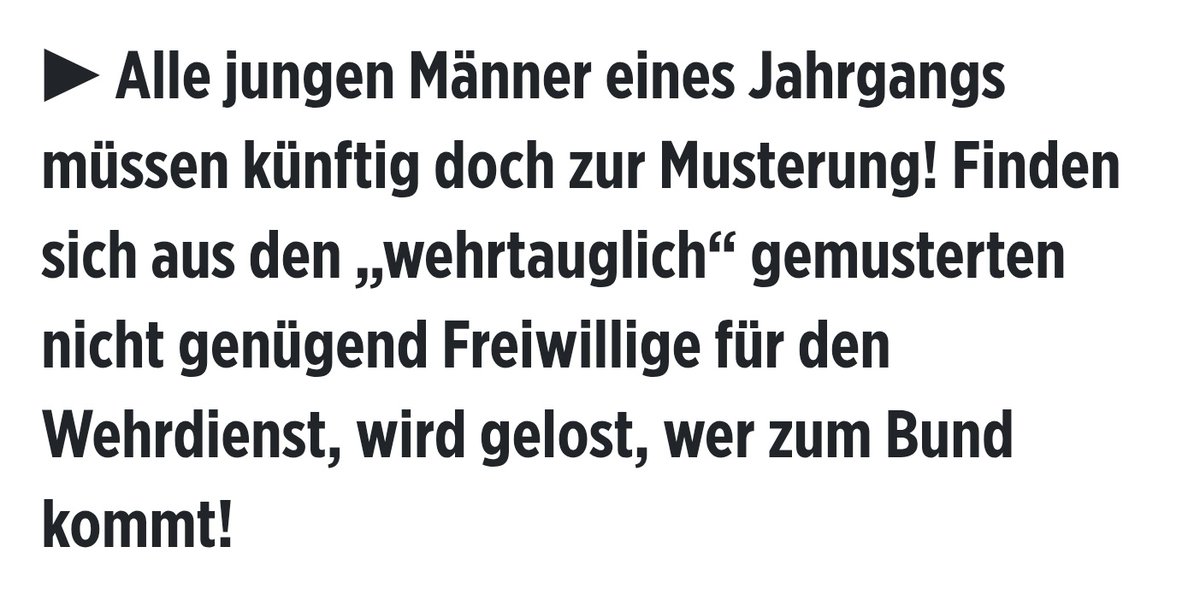 Ich sage es seit einem Dreivierteljahr: Dieser Staat wird junge Männer notfalls in den Kriegsdienst zwingen.

Nun haben wir es schwarz auf weiß, von den Kriegstreibern höchstpersönlich.