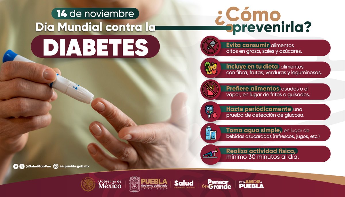 SaludGobPue's tweet photo. ⚠️ ¡Tu salud es prioridad! Te recordamos que llevar una vida activa y dieta saludable es esencial para prevenir la diabetes.

Sigue los 6 pasos de nuestra infografía 👇

Recuerda: El control de glucosa es vital. ¡Hazte tu prueba! 💉

@Gob_Puebla #PensarEnGrande #PorAmorAPuebla https://t.co/FJCkn4whPY