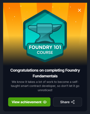 TobyTech6's tweet image. HUGE MILESTONE: Earned the Foundry Fundamentals achievement on @CyfrinUpdraft🛡️🎉

Web3 security is tough, and I’ll be reviewing everything before the next course. It&apos;s commitment!

Check out the achievement: profiles.cyfrin.io/u/toby/achieve…
#Foundry #Solidity #Web3Dev #SmartContracts