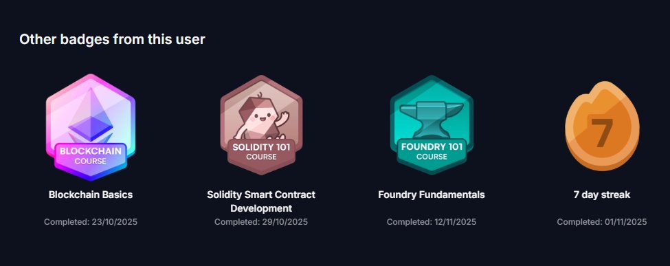 TobyTech6's tweet image. HUGE MILESTONE: Earned the Foundry Fundamentals achievement on @CyfrinUpdraft🛡️🎉

Web3 security is tough, and I’ll be reviewing everything before the next course. It&apos;s commitment!

Check out the achievement: profiles.cyfrin.io/u/toby/achieve…
#Foundry #Solidity #Web3Dev #SmartContracts