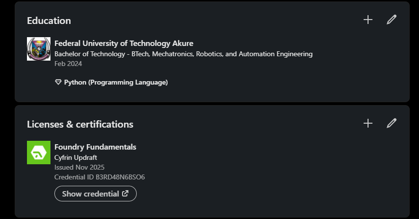 TobyTech6's tweet image. HUGE MILESTONE: Earned the Foundry Fundamentals achievement on @CyfrinUpdraft🛡️🎉

Web3 security is tough, and I’ll be reviewing everything before the next course. It&apos;s commitment!

Check out the achievement: profiles.cyfrin.io/u/toby/achieve…
#Foundry #Solidity #Web3Dev #SmartContracts
