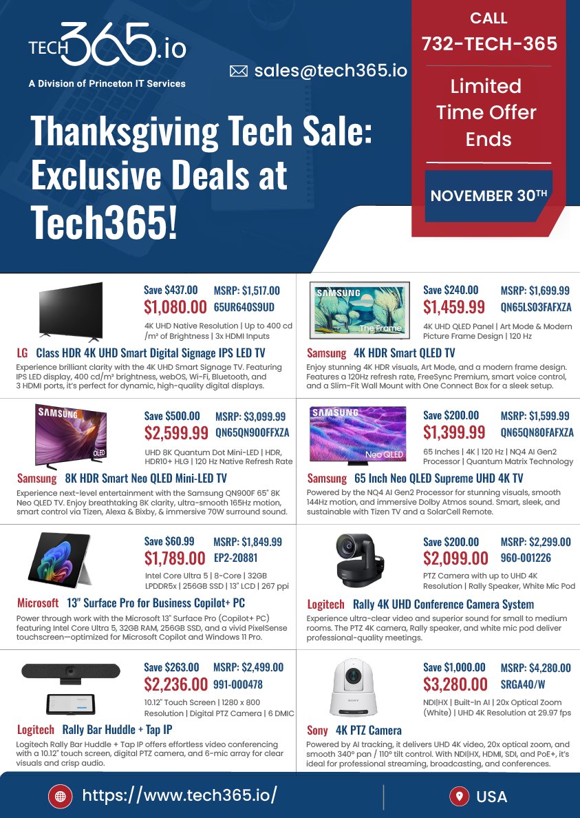 Tech365I's tweet image. 🎉 Thanksgiving Tech Sale is here!
Save big on top brands — LG, Samsung, Microsoft, Logitech &amp;amp; Sony.
Exclusive Tech365 deals up to $1,000 OFF — valid till Nov 30th!
🔗 tech365.io 
#ThanksgivingSale #TechDeals #Tech365